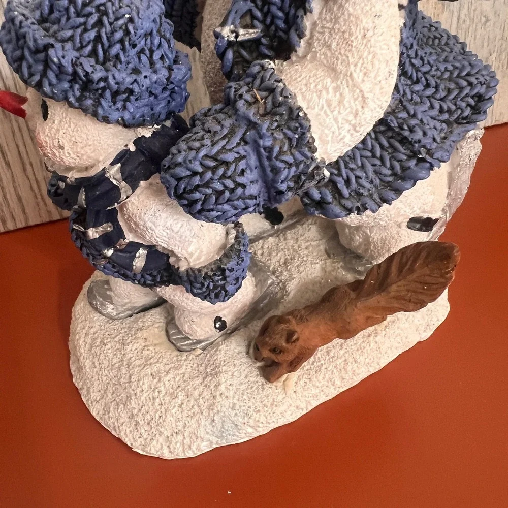 Snowman Buddy Family Ice Skating Figurine Blue Knit Sweaters Squirrel Bird